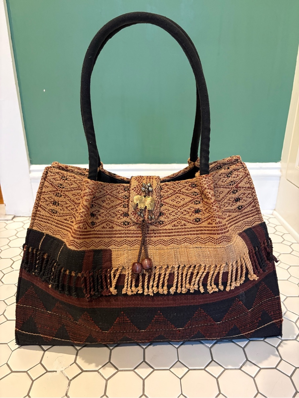 Handwoven Boho Fringe Tote Bag in Brown and Black